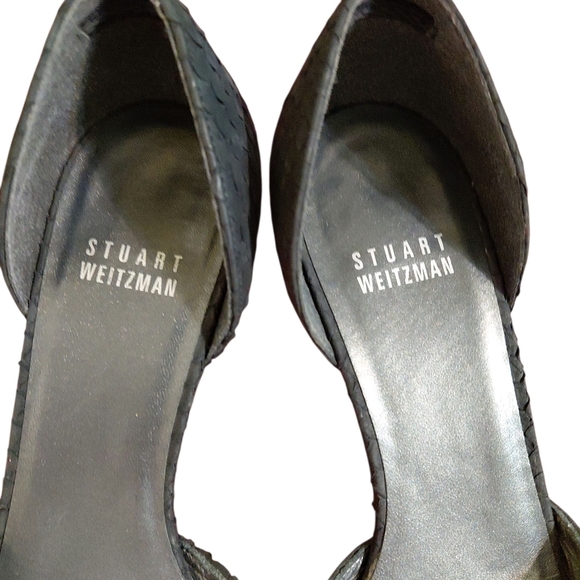 Stuart Weitzman BLack Leather Peep Toe Snakeskin Embossed Kitten Heels Size 6 M - Picture 5 of 11